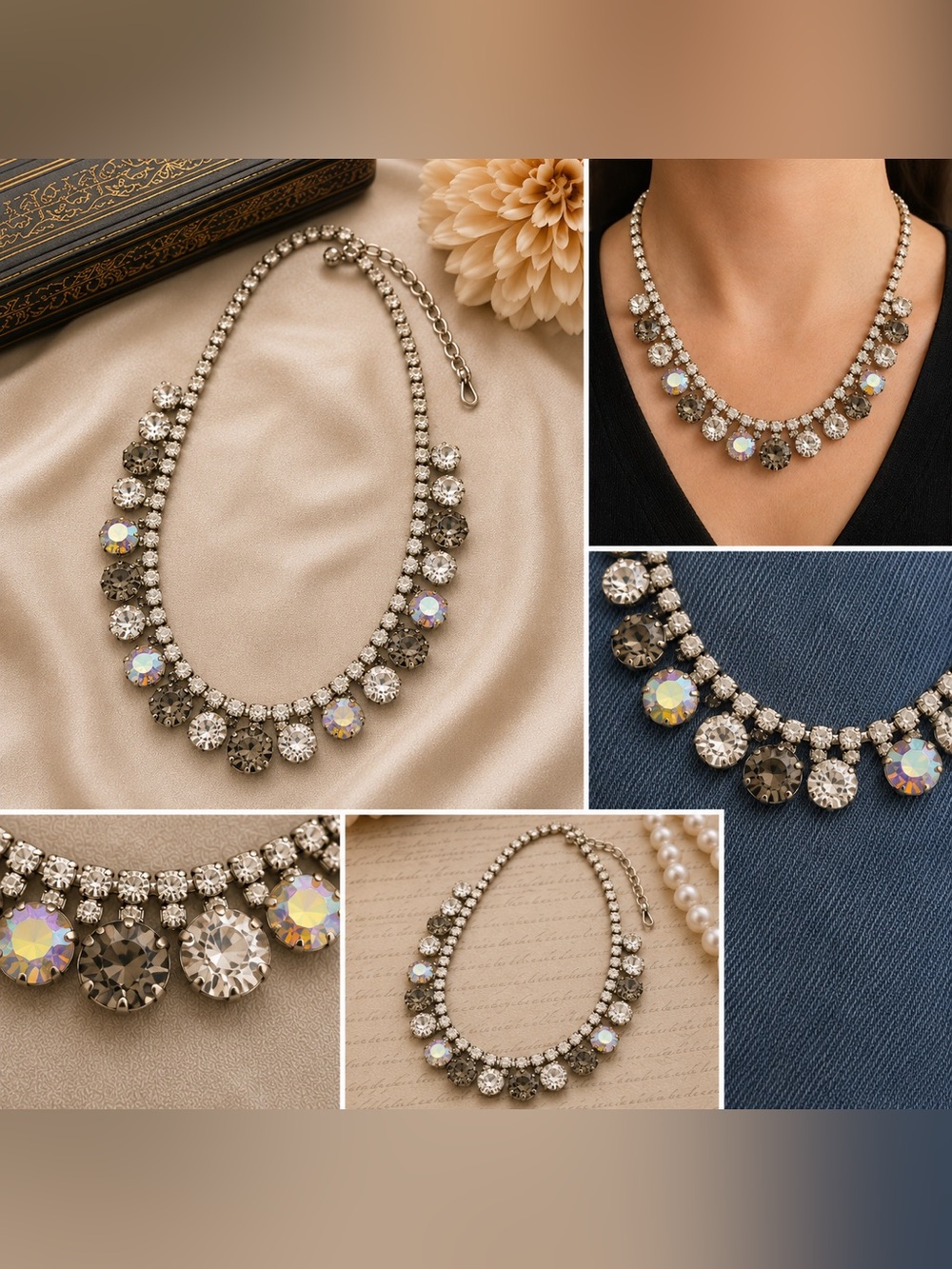 Vintage Signed Weiss  Statement Necklace - Iridescent & Smoky Rhinestones